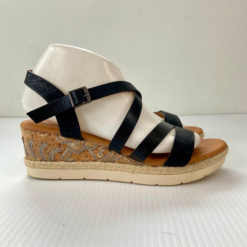 Patrizia‎ Black Leather Cork Wedge Heel Strappy Sandals Womens EU 40 US 9
